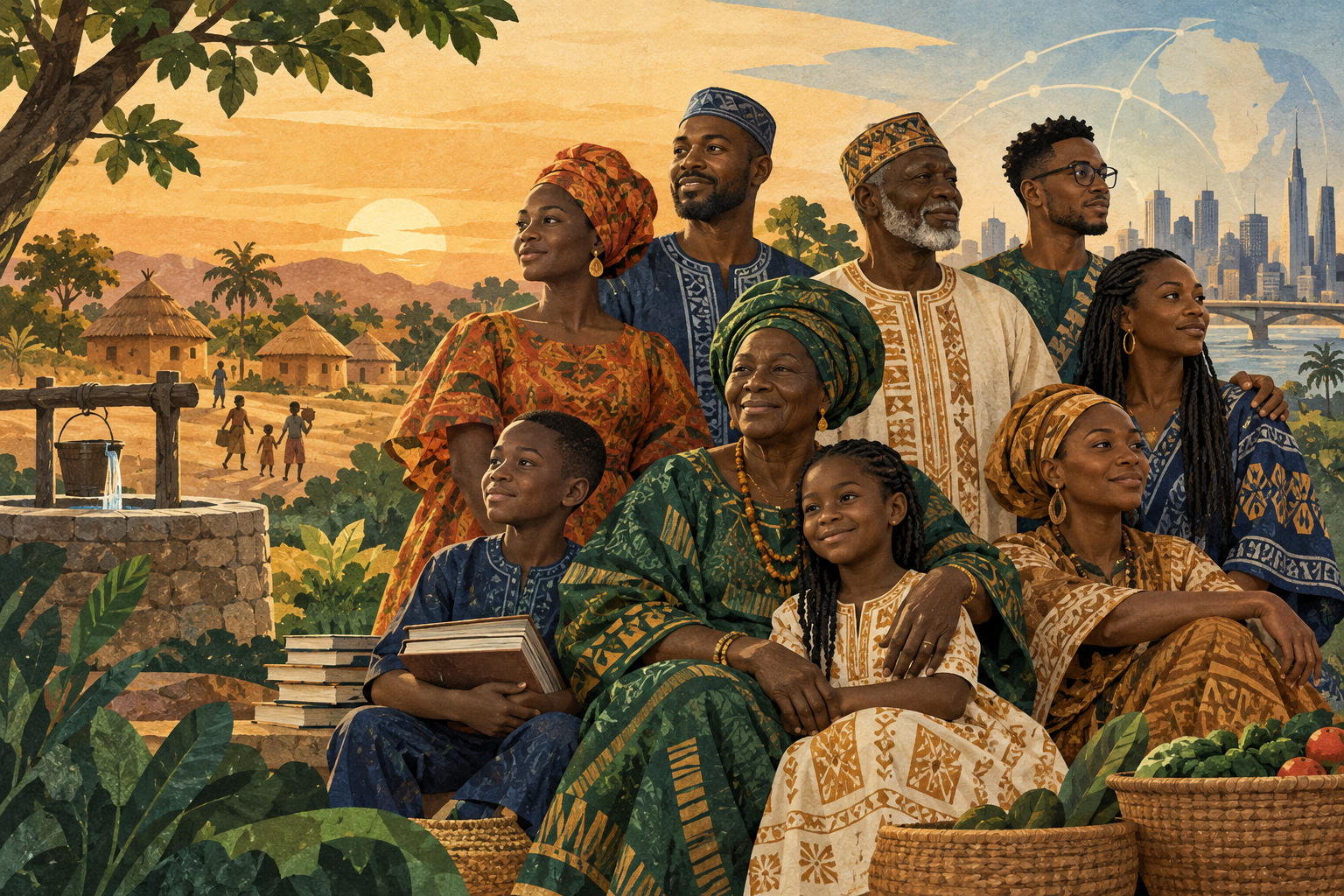 Illustration of a multigenerational West African family connected across village and diaspora life